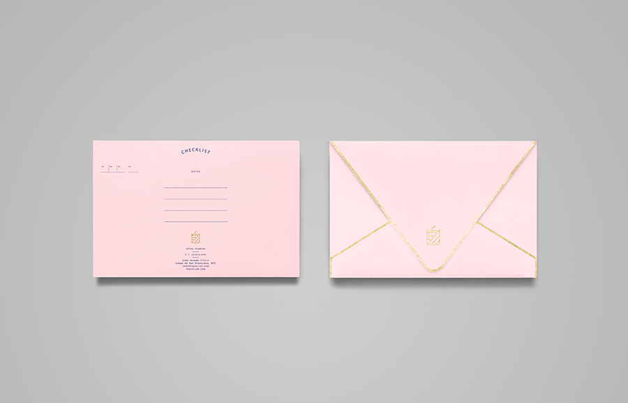 Pink envelope with gold foil detail designed by Anagrama for event panner Checklist