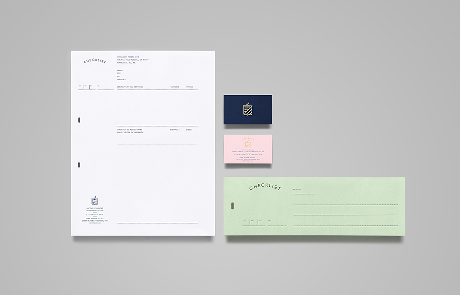 Documents with pastel coloured paper and gold foil detail designed by Anagrama for event panner Checklist