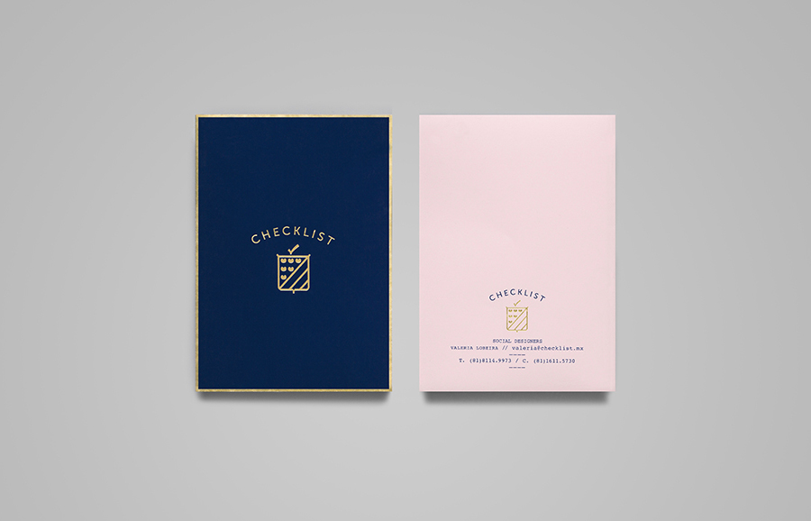 Pamphlet with blue and pink pastel coloured paper and gold foil detail designed by Anagrama for event panner Checklist