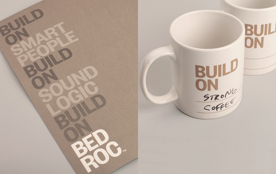 Coffee cup with hand written detail and print for technological consultancy firm Bed Roc designed by Perky Bros