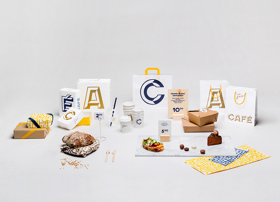 Packaging with bold typographic approach for Helsinki-based Fazer Cafe designed by Kokoro & Moi