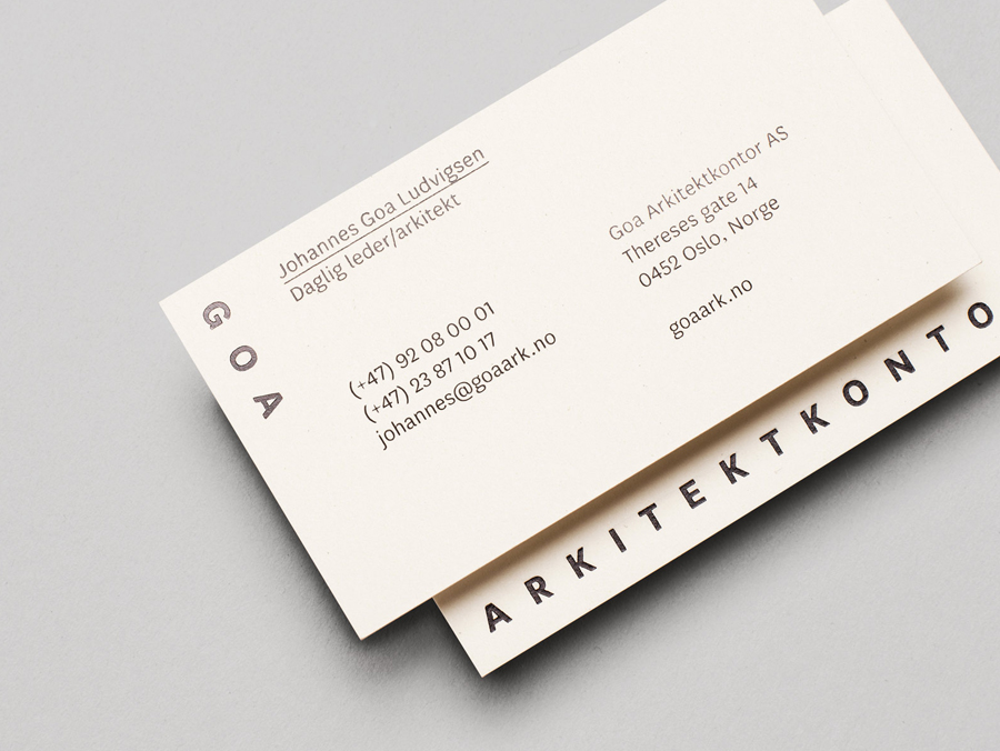 Logo and business card with black foil detail designed by Heydays for Oslo based architecture studio Goa Arkitektkontor