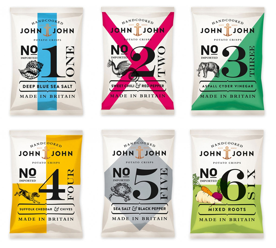 Packaging with typographic and illustrative detail for Market Grounds' hand cooked potato crisp range John & John