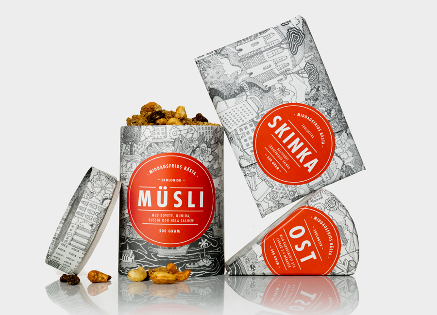 Packaging with hand drawn illustrative detail by Bold for Swedish ingredient and recipe delivery service Middagsfrid