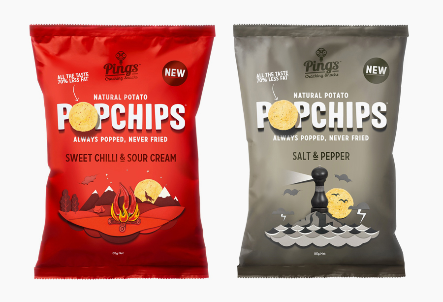 Popchips packaging with paper craft imagery designed by Marx