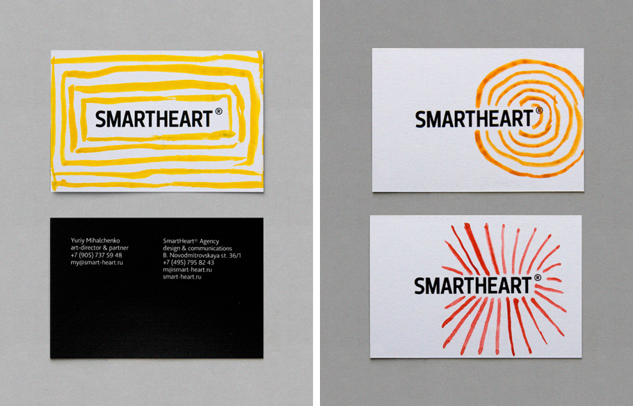 Logo and bright hand painted watercolour business card for design agency Smartheart 