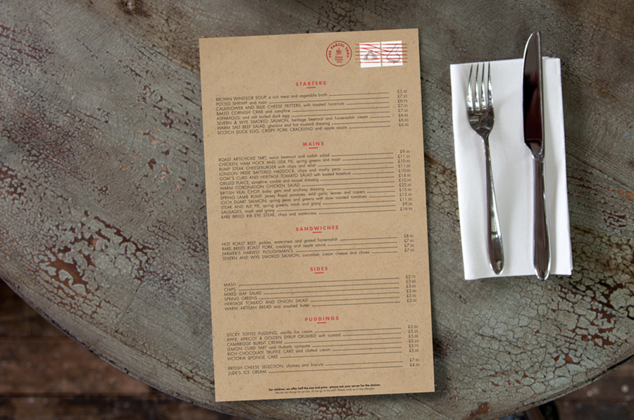 Logo and menu with illustrative stamp details by Designers Anonymous for Fuller's flagship Kings Cross Station pub The Parcel Yard