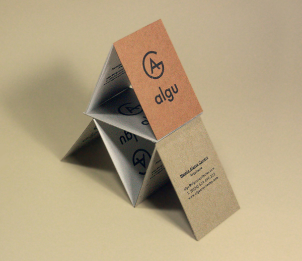 Logo and business card made from mixed fibre board designed by Francesc Moret for architecture and interior design studio Algu