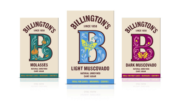 Packaging with a typographic and illustrative approach created by JKR for The Silver Spoon Company's sugar brand Billington's