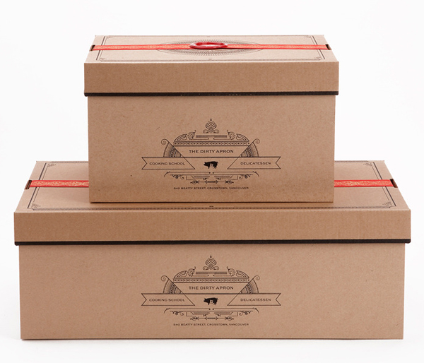 Uncoated unbleached boxes with illustrative detail created by Glasfurd & Walker for delicatessen The Dirty Apron