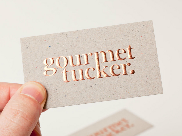 Logo and mixed fibre business with copper foil print finish designed by Supply for Auckland deli Gourmet Tucker