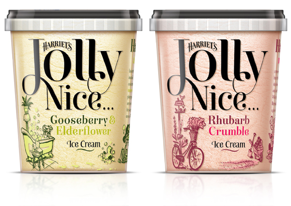 Packaging with typographic and illustrative detail for ice cream brand Harriet's Jolly Nice designed by Taxi Studio