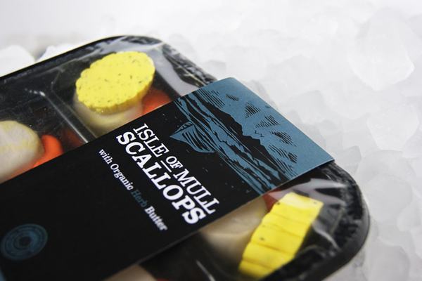 Packaging design with illustrative and typographic detail created by My Creative for Isle of Mull Scallops