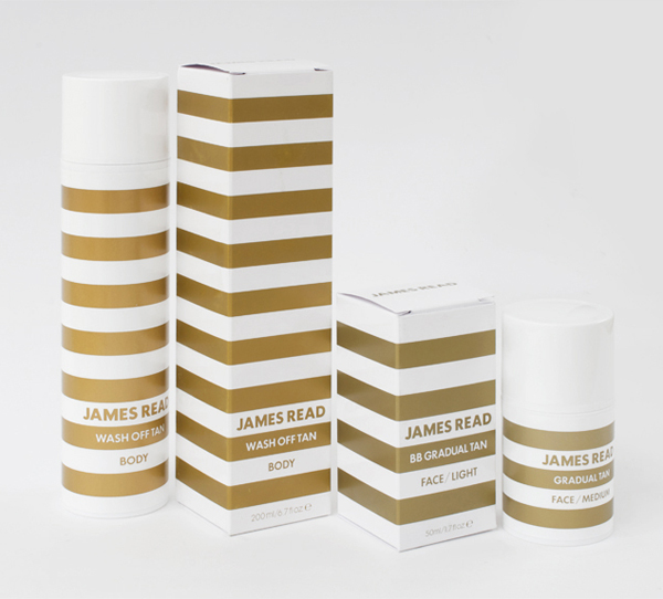 Packaging with gold spot colour detail for James Read's premium tanning range designed by Studio Makgill