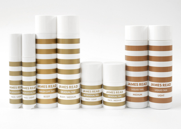 Packaging with gold and bronze spot colour detail for James Read's premium tanning range designed by Studio Makgill