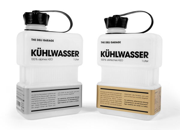 Packaging with gold and silver label detail designed by Rocket & Wink for The Deli Garage's premium glacial water product Kühlwasser