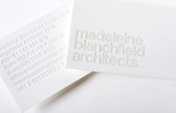 Logo and blind embossed business card for Madeleine Blanchfield Architects designed by A Friend Of Mine