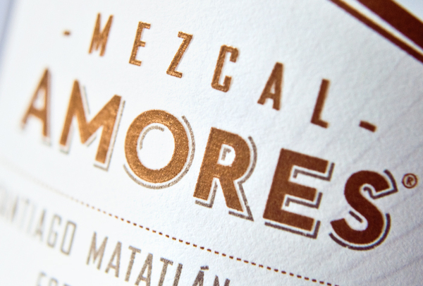 Packaging with metallic copper spot colour detail designed by Butic for Mexican mezcal spirit brand Mezcal Amores