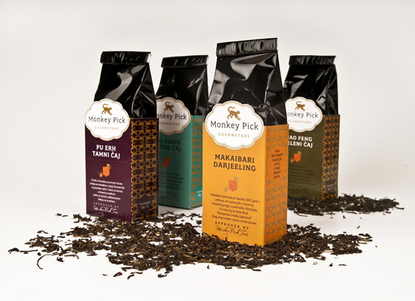 Packaging design by Coba Associates for gourmet tea range Monkey Pick