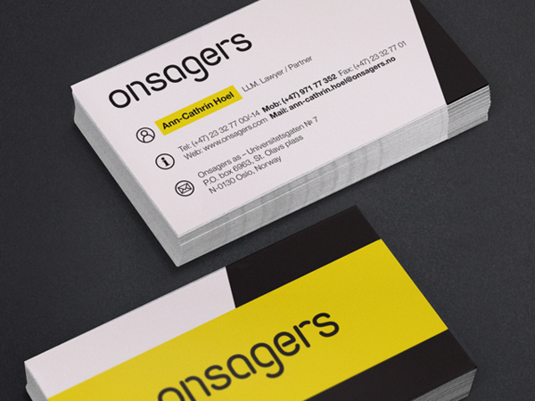 Logo and business card designed by Uniform for intellectual property specialist Onsagers