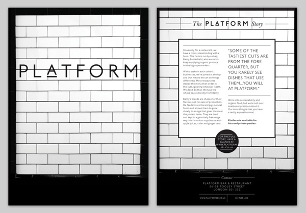 Logo and menu for London bar and restaurant Platform designed by Substrak