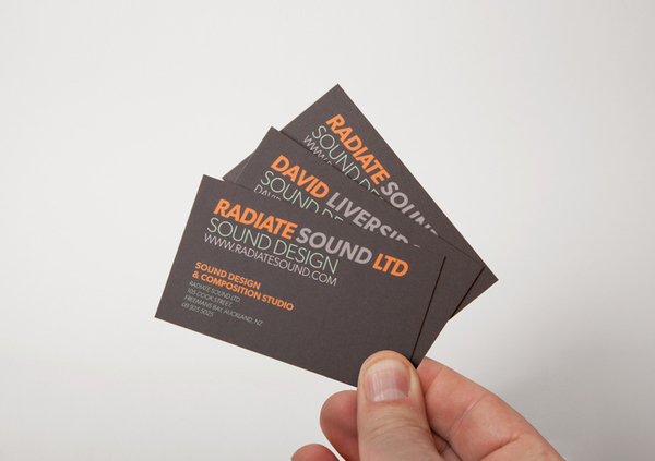 Logo and business card designed by Bradley Rogerson for recording and engineering studio Radiate Sound