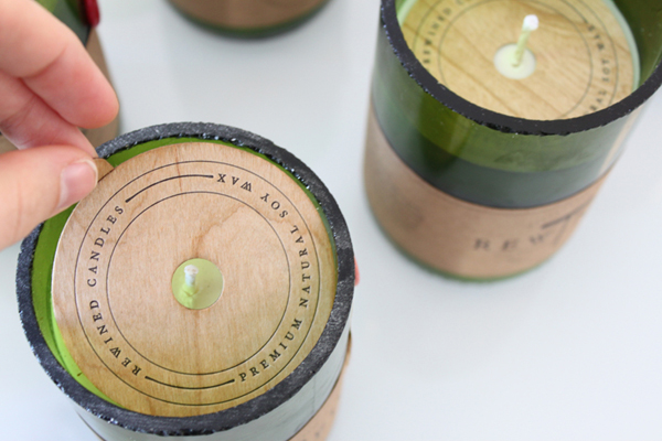 Packaging with wood detail created by Stitch for soy wax candle brand Rewined