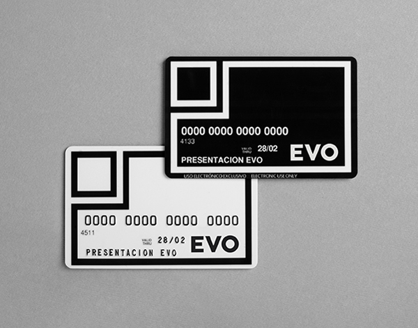 Logo and debit cards with a restrained geometric and monochromatic aesthetic for Spanish bank Evo designed by Saffron