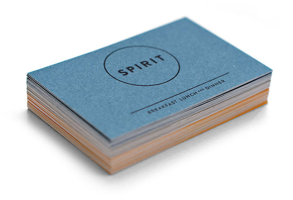 Logo and uncoated, dyed business card for vegetarian restaurant Spirit designed by Studio Beige