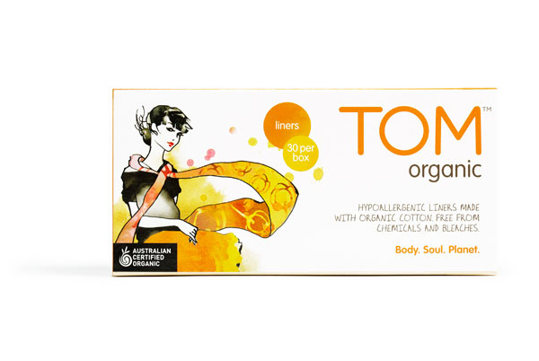 Packaging with watercolour illustrative detail designed by Truly Deeply for biodegradable fem­i­nine hygiene line Tom Organic