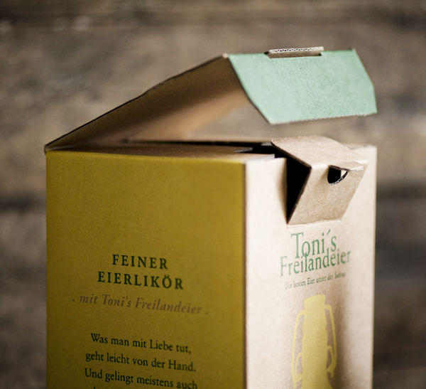 Uncoated, unbleached packaging design by Moodley for egg liqueur Toni's Eierlikoer