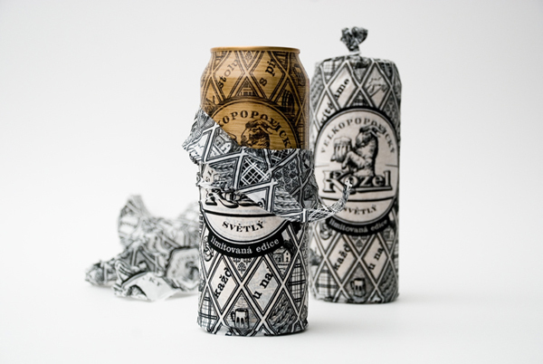 Packaging with heat treated wood effect and tissue wrap designed by Yurko Gutsulyak for Czech brewer Velkopopovický Kozel