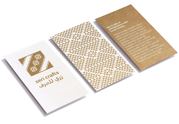 Logo and business cards with gold metallic spot colour detail designed by Rocío Martinavarro for textile producer Zeri Crafts