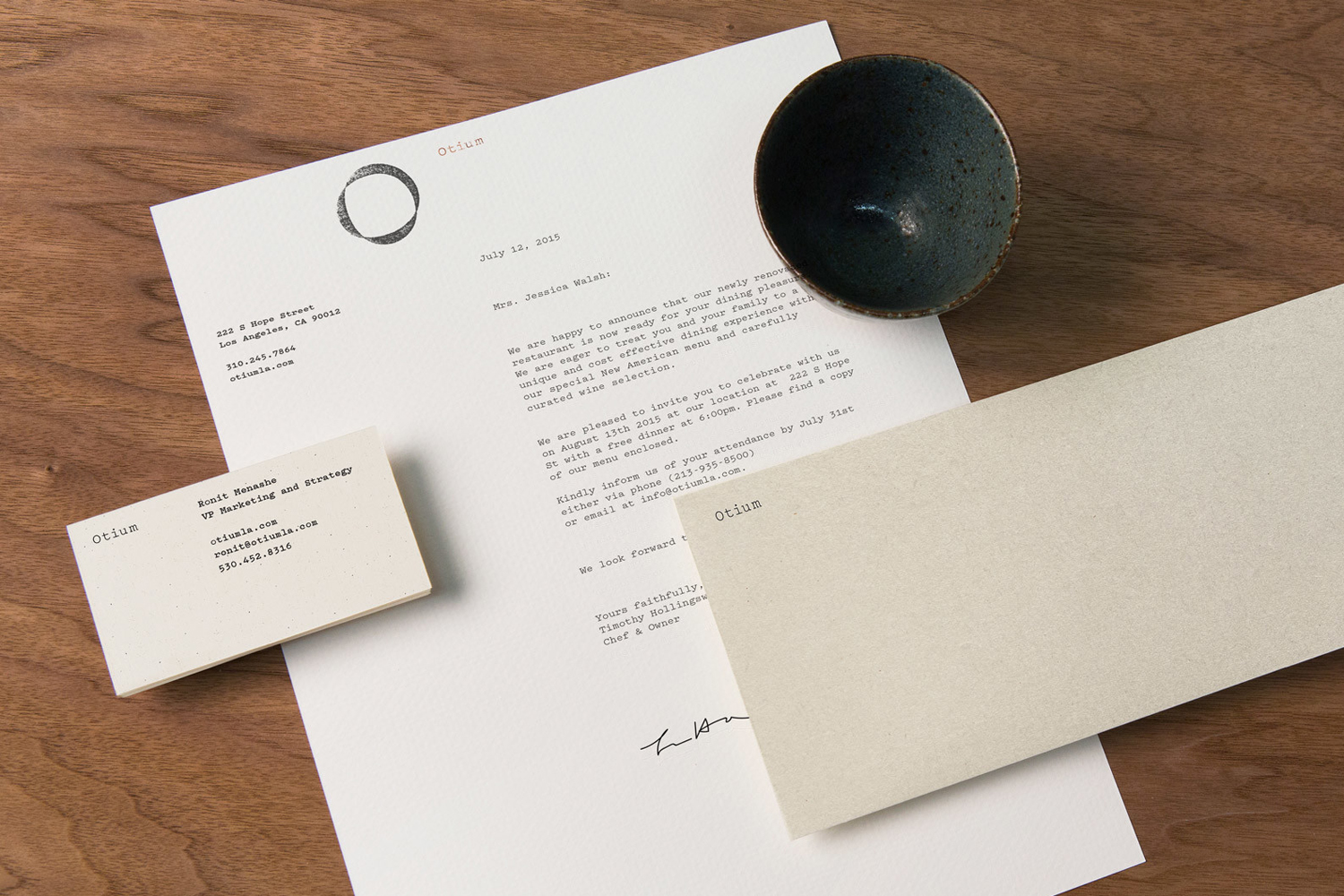 Brand identity, logo and stationery design by New York based Sagmeister & Walsh for contemporary restaurant Otium