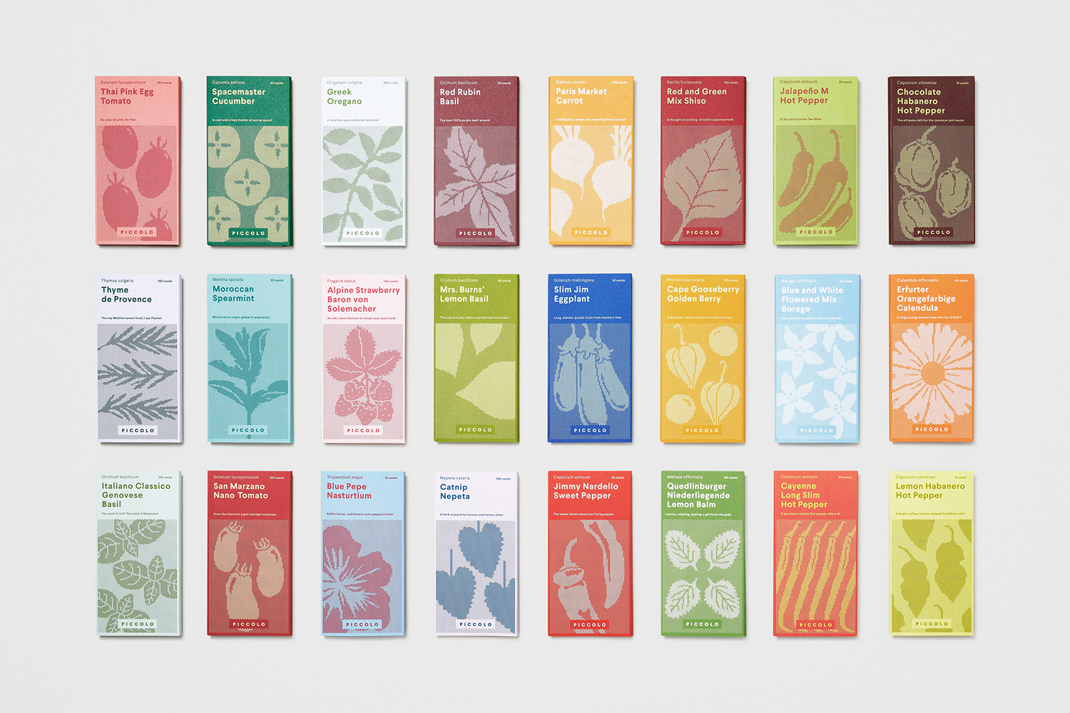 Graphic identity and packaging by Here Design for Italian seed brand Piccolo