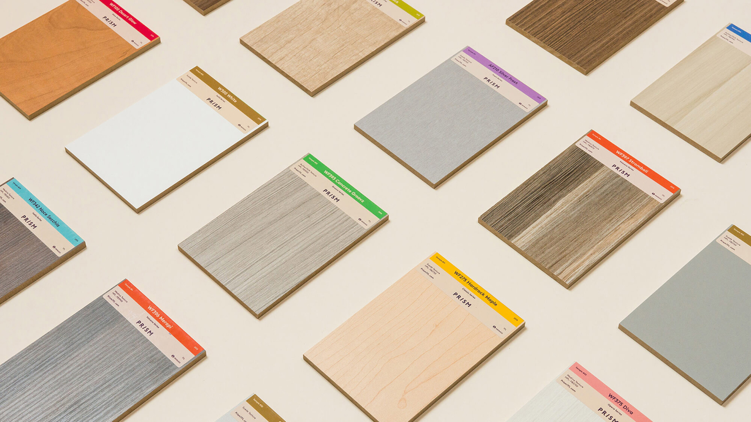 Brand identity and sample labels for American laminate brand Prism by Atlanta based graphic design studio Matchstic