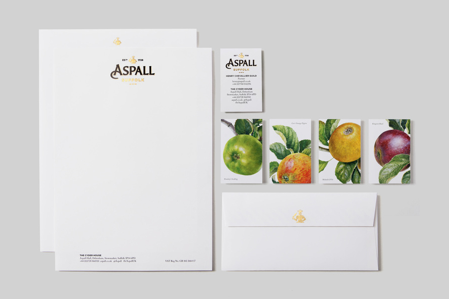 Logo, illustration and stationery design with foil detail by NB Studio for Suffolk cyder maker Aspall
