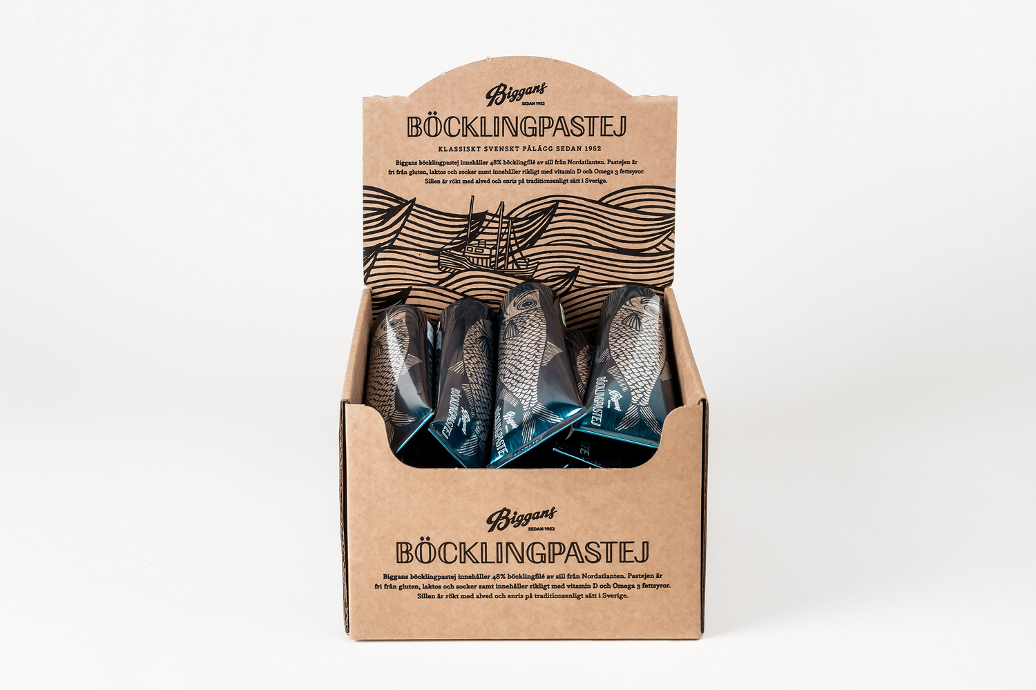 Package design and POS for Biggans Böcklingpastej by Bedow, Sweden