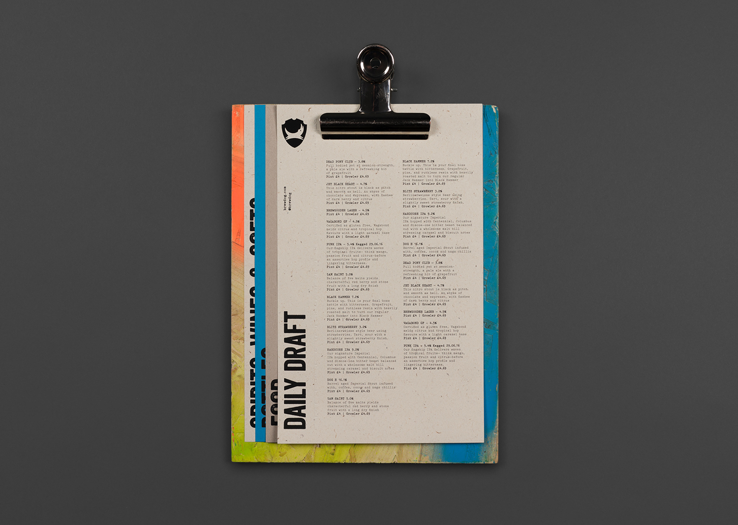 Menus that feature mixed fibre, dyed and uncoated papers, blind embossing and block foil for Brewdog designed by O Street