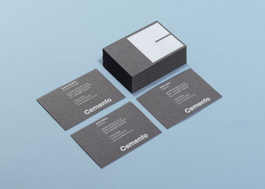 Logo and grey business card with white ink detail designed by S-T for UK based Italian cement veneer business Cemento