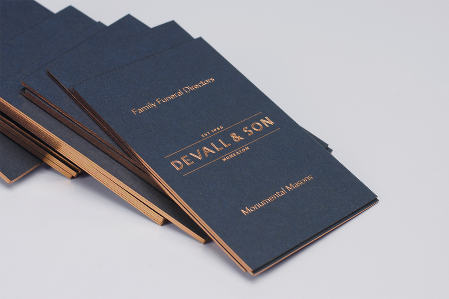 Logotype and business cards with copper foil and edge painted detail by Parent for funeral director Devall & Son