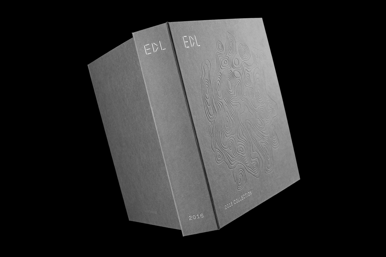 Blind embossed and silver block foiled brochure for high pressure laminate distributor EDL by graphic design studio Bravo.