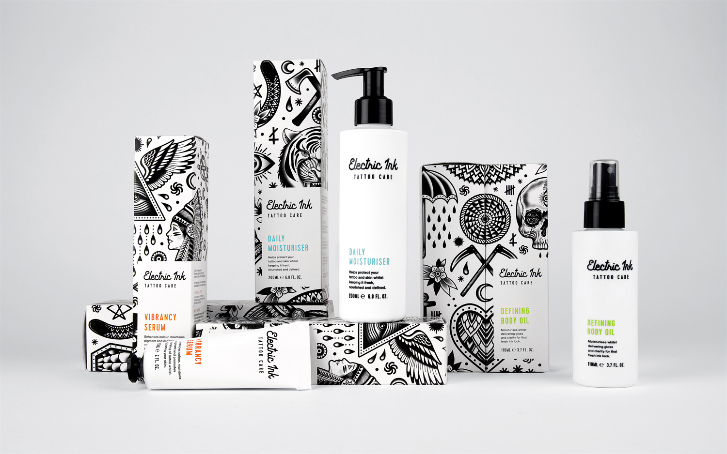 Branding and packaging design for tattoo care range Electric Ink by Leeds-based design studio Robot Food.