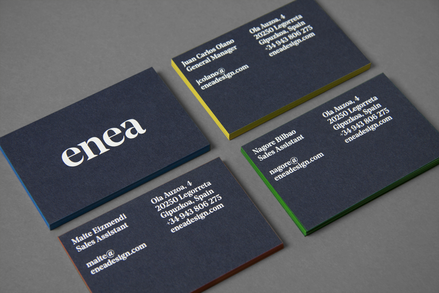 Edge painted business cards for furniture design and manufacturing business Enea designed by Clase bcn 