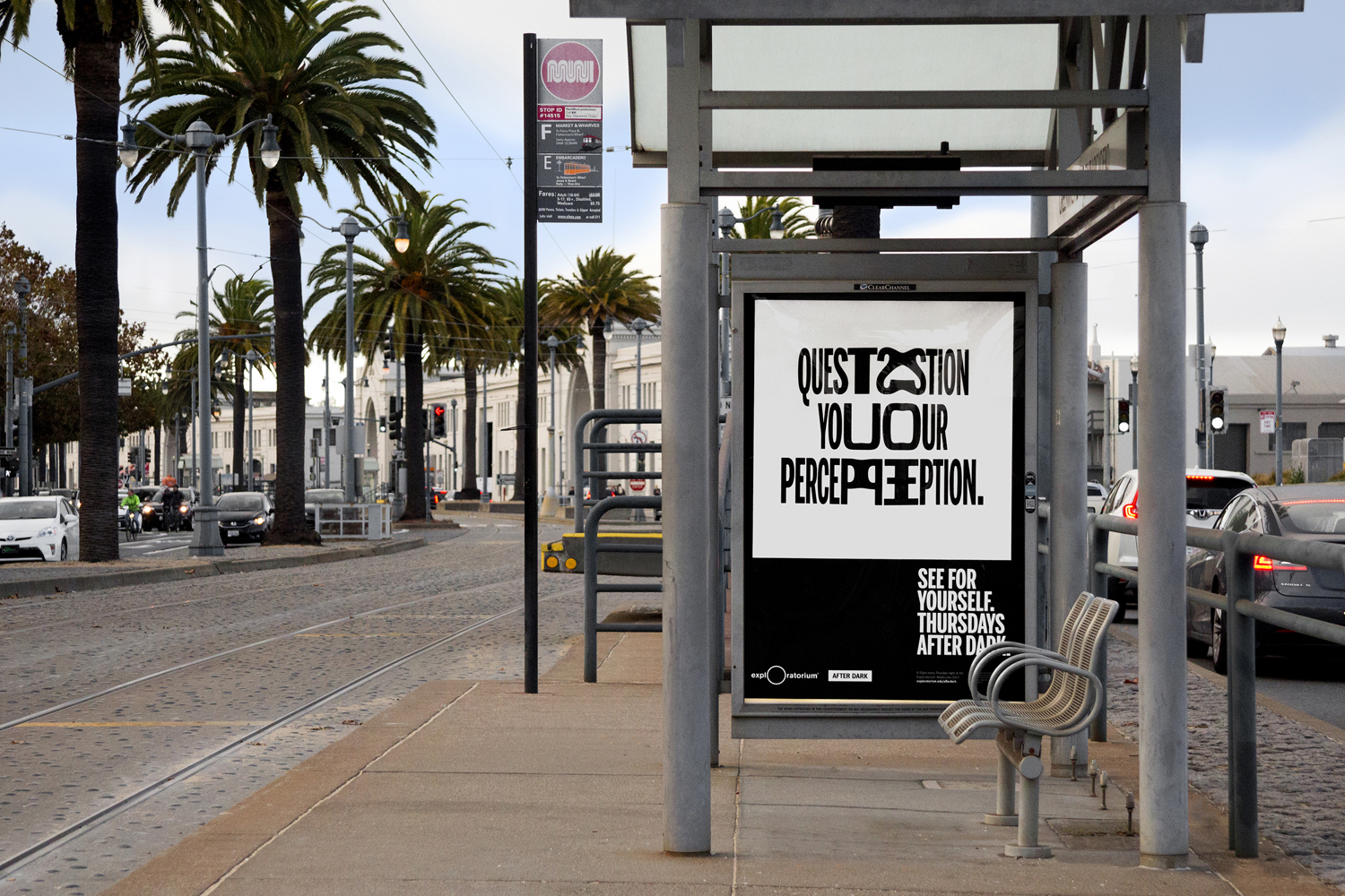 Visual identity and campaign poster by Collins for Exploratorium's After Dark, a weekly adults-only museum experience of perception
