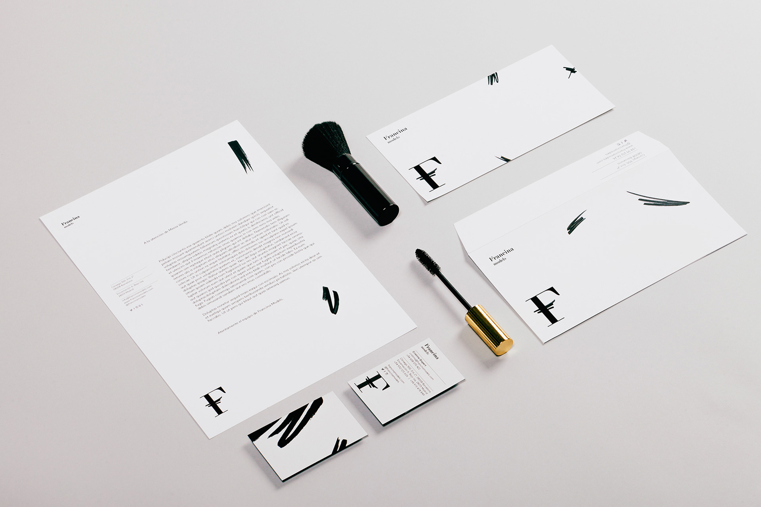 Brand identity and stationery by graphic design studio Mucho for Barcelona-based model agency Francina Models