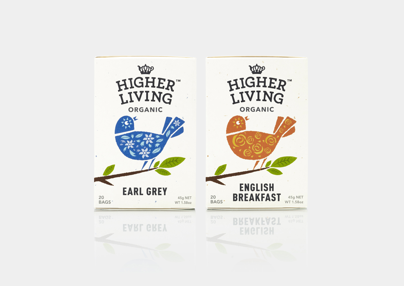 Branding and packaging for organic tea company Higher Living by B&B Studio, United Kingdom