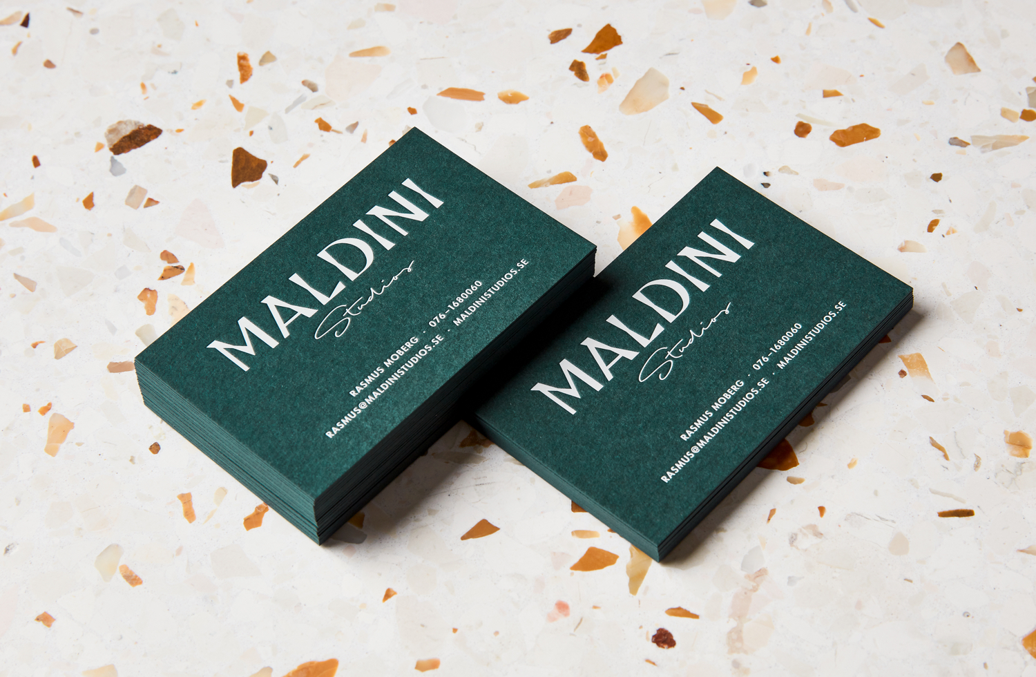Logotype and letterpress business cards by Jens Nilsson for interior design and carpentry business Maldini Studios