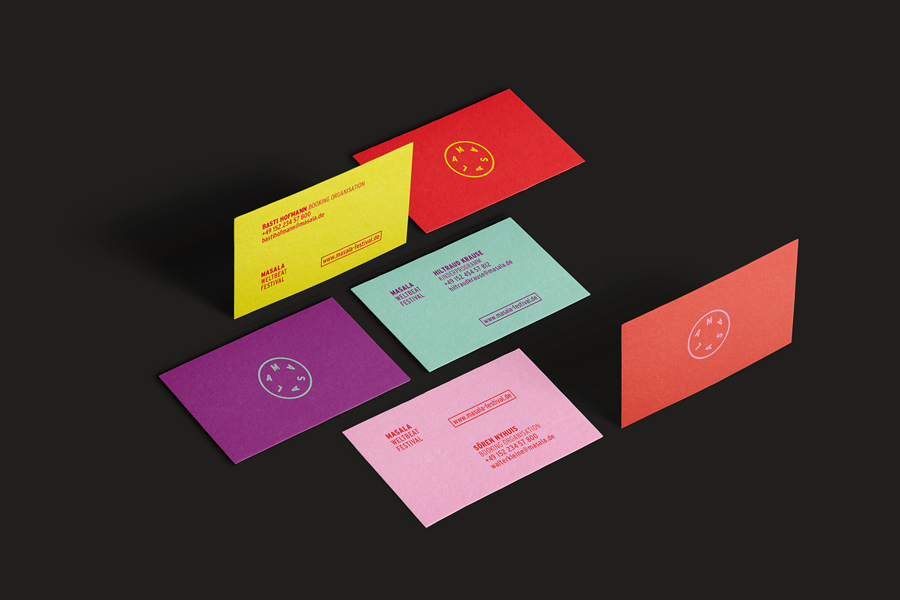 Colourful business cards for world music festival Masala Weltbeat by Hardy Seiler