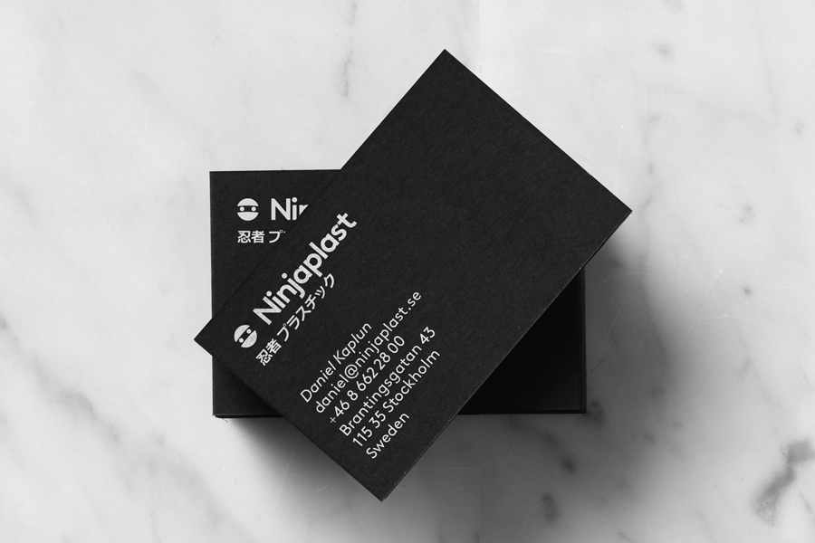 Ninjaplast visual identity and silver ink and black board business cards by Kurppa Hosk
